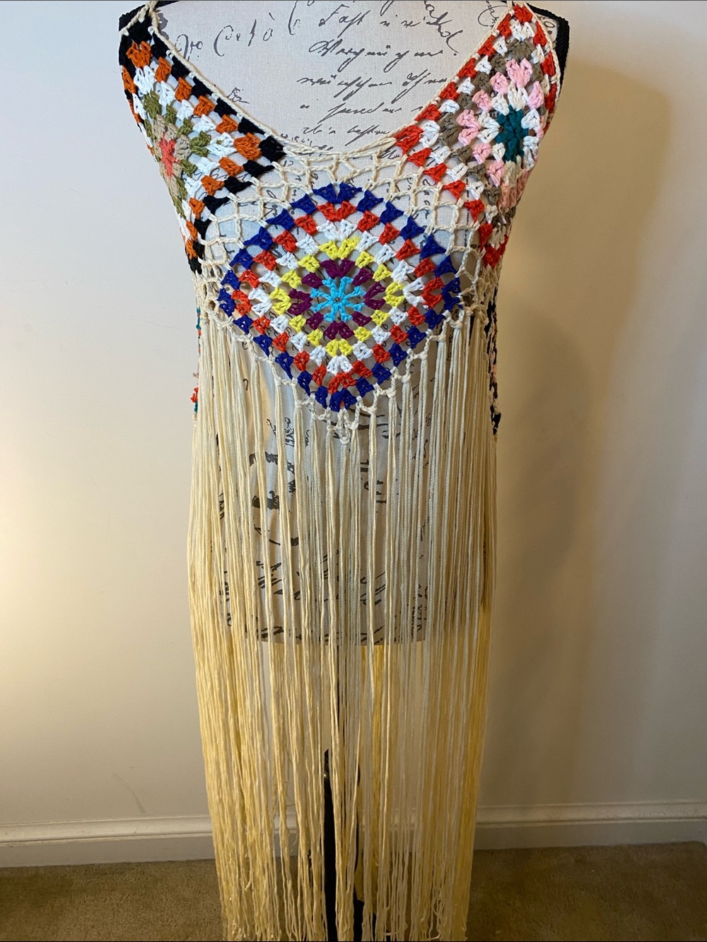 Crochet Multi Color Fringe Vest Top Cover up 
 With adjustable tie straps - Picture 2 of 4